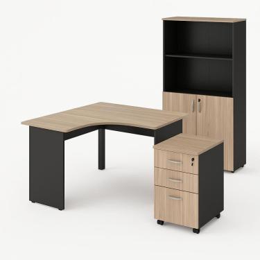 Imagem de Conjunto Escritório Office Escrivaninha em L Armário Alto e Gaveteiro com Chave Cor Calvi/Preto - Web Office