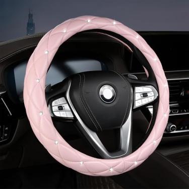 Imagem de AMZAUTO Capa de volante de couro diamante feminina, capa de volante brilhante, antiderrapante, macia, acessórios interiores de 38 cm para veículos femininos e meninas, rosa