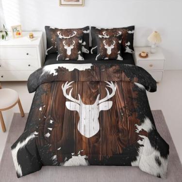 Imagem de Erosebridal Conjunto de edredom Queen com estampa de pele de veado, branco, marrom, preto, 7 peças | Conjunto de cama com estampa de couro bovino em uma bolsa de caça na floresta para meninos e
