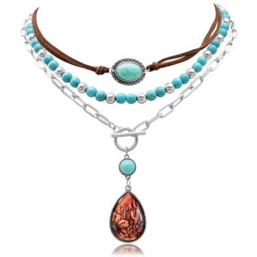 Imagem de Fscwlmon 3 colares femininos estilo cowgirl ocidental em camadas, boêmio, turquesa, contas ocidentais, strass, chapéu de cowboy, botas, pingente de cabeça de boi, gargantilha de clipe de papel