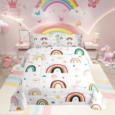 Imagem de Erosebridal Conjunto de edredom infantil de solteiro, arco-íris, sol e estrelas, desenho animado com nuvens e corações de amor, conjunto de cama com rabiscos desenhados à mão para todas as estações