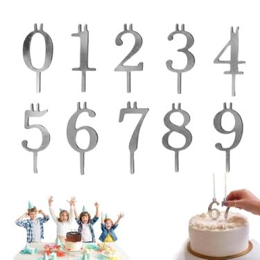 Imagem de Conjunto de castiçais de aniversário com número reutilizável, decorações de topo de bolo de prata, suporte de velas ajustável, castiçais de bolo de aniversário digital para aniversários, bolos