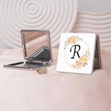 Imagem de Espelho de maquiagem portátil Flower Alphabet Series, mini espelho portátil dobrável, espelho de contorno quadrado portátil de dupla face, adequado para todos em qualquer ocasião