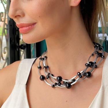 Imagem de Colar Canos Prata e Cristais Pretos - Acessório Artesanal - Feito À Mã
