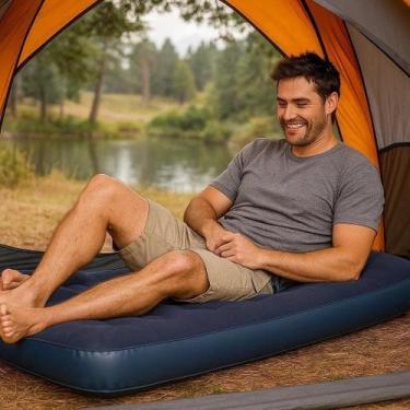 Imagem de Colchão Inflável Solteiro Azul Camping Viagem Dormir Descanso Portátil
