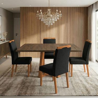 Imagem de Mesa Jantar Isabela 1,2m Freijó Pés Cerejeira 4 Cadeiras Heloísa Almofadada - Preto Linho