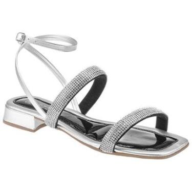 Imagem de Sandália Feminina Rasteira Strass Brilho Prata Salto Baixo-Feminino