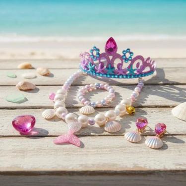 Imagem de Kit Sereia Colar Pulseira Brincos Anel e Coroa Sereia Infantil Acessór