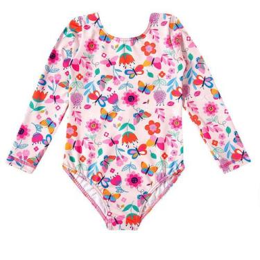 Imagem de Maiô Manga Longa Infantil Proteção UV 50+ Flores Rosa Claro Tip Top, 6