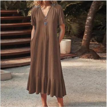 Imagem de Vestido Longo Feminino De Algodão E Cânhamo Com Decote Em V E Mangas C