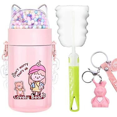 Imagem de Garrafa de água para meninas com alça brilhante para a escola com alça de gato e lantejoulas copo térmico com glitter, presente de aniversário para crianças (menina rosa C, 280 ml)