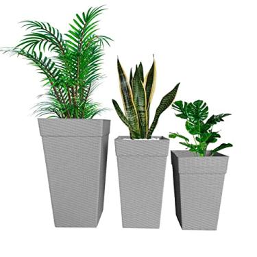 Imagem de Kit 3 Vasos Polietileno Rattan Quadrado Pequeno Médio Grande Cinza