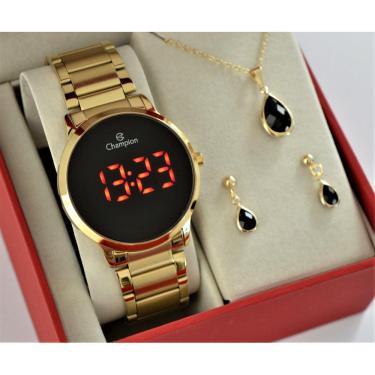 Imagem de Relogio Champion Dourado Digital Led Vermelho Ch40142h + Kit Semi Joia