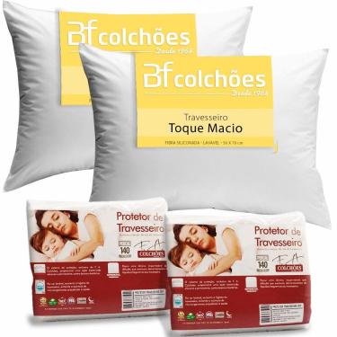 Imagem de Kit 2 Travesseiro Antialérgico Percal 180 Fios Ecoplumas Fibra Siliconada Macio Lavável 50x70 + 2 Protetor de Travesseiro em Matelassê