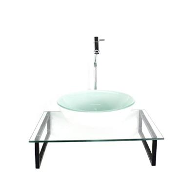 Imagem de KIT CUBA DE VIDRO REDONDA 10MM BRANCA COM TAMPO 50CM INCOLOR E SUPORTE PRETO