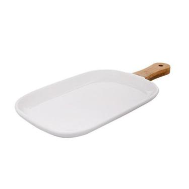 Imagem de Travessa Refrataria Porcelana Branca Servir Com Alca Bambu 35cm - Etil