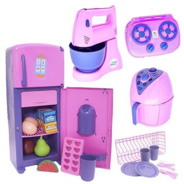 Imagem de Brinquedo Menina Cozinha Geladeira Comida Eletro Fogão 23Pç