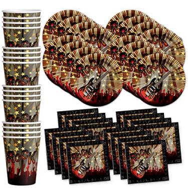 Imagem de Birthday Galore Conjunto de suprimentos para festa Rock Star Pratos Guardanapos Copos Kit de louça para 16