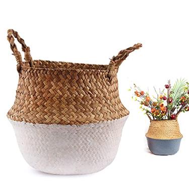 Imagem de Yajun Cesta de flores dobrável feita à mão armazenamento de vime decorativo com alça para organizador vaso de plantas cesta de lavanderia para escritório em casa, branco, 22 * 20 cm
