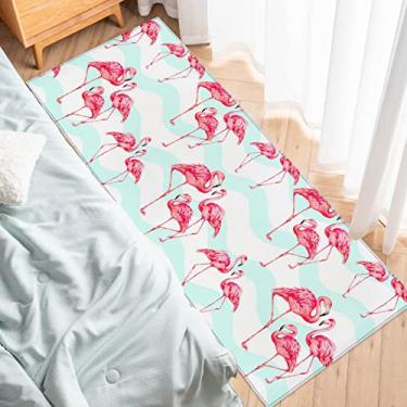 Imagem de Tapete para corredores de cozinha, rosa flamingo azul curvado listrado padrão azulejo antiderrapante tapete de porta tapete para lavanderia, cabeceira, banheiro, quarto, 40 x 118 cm
