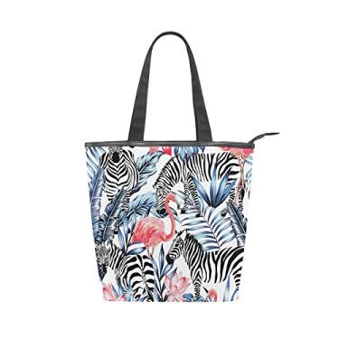 Imagem de Bolsa feminina de lona durável rosa flamingo zebra grande capacidade sacola de compras bolsa de ombro