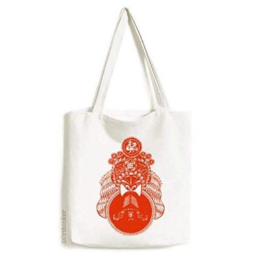Imagem de Red Peking Opera Head Moon sacola de lona cortada em papel bolsa de compras casual bolsa de mão