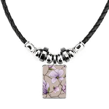 Imagem de Colar roxo com flor de planta de desenho e bijuteria com pingente de corda de couro