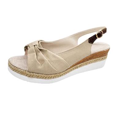 Imagem de Sandálias de cunha para mulheres moda verão cor sólida tecido casual palha inferior sandália com fivela anabela (bege, 9)