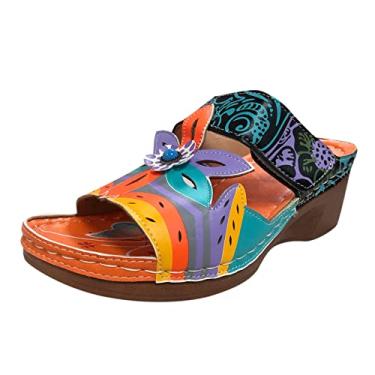 Imagem de Sandálias de suporte de arco para mulheres tamanho grande estilo étnico primavera moda anabela chinelos sapatos casuais de verão e chinelos femininos (laranja, 8)
