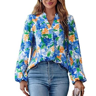 Imagem de Blusa Fina Estampada Com Decote Em V, Blusa Estampada Floral Com Decote Em V da Moda Respirável para Mulheres para a Vida Diária (XL)