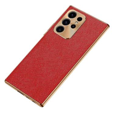 Imagem de HAZARA Capa ultrafina para Samsung Galaxy S24 Ultra/S24 Plus/S24, capa de couro com textura cruzada com revestimento de luxo, lente de alumínio à prova de choque, vermelha, S24 Ultra
