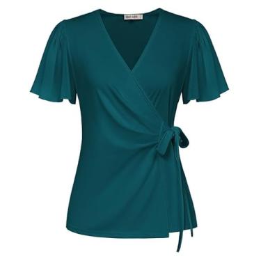 Imagem de GRACE KARIN Blusas femininas elegantes de chiffon fluidas de manga curta 2024 blusas de verão com decote em V camisas de trabalho de negócios tops, Azul e verde, M