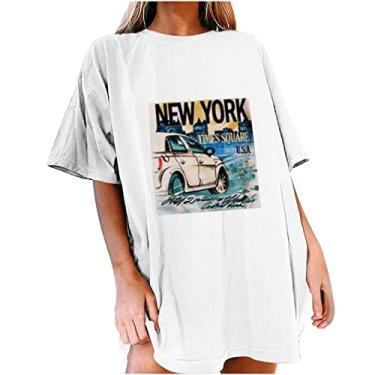 Imagem de Nova York – Camiseta vintage oversized para mulheres pulôver camisa de manga curta ombro caído Top Túnica Tops de verão Top feminina mangas Cidade 1998 1898 PRAÇA DE TES E32-Branco Small