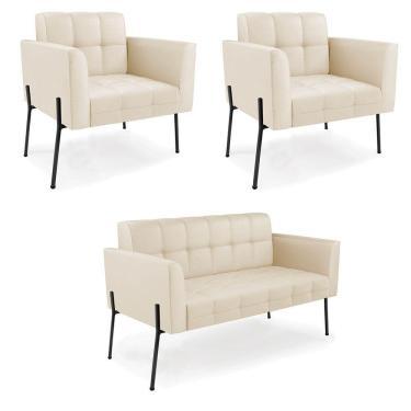 Imagem de Sofá Namoradeira e 2 Poltronas Pé de Ferro Preto Elisa Corino Bege D03 - D`Rossi