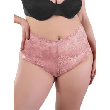 Imagem de OYOANGLE Calcinha tanga feminina plus size de renda floral cintura alta cintura média, Rosa claro, GG Plus Size