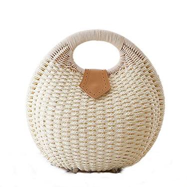 Imagem de Bolsas de palha para mulheres, bolsa de palha tecida à mão com alça de anel, bolsa retrô de verão e praia de rattan., Branco, 11*10.23*5.9 inches(L*W*H)