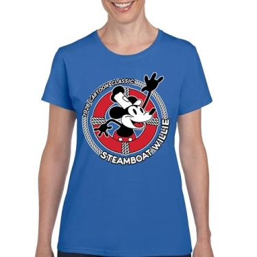 Imagem de Camiseta Steamboat Willie Life Preserver divertida clássica desenho animado praia Vibe Mouse in a Lifebuoy Silly Retro Camiseta feminina, Azul, GG