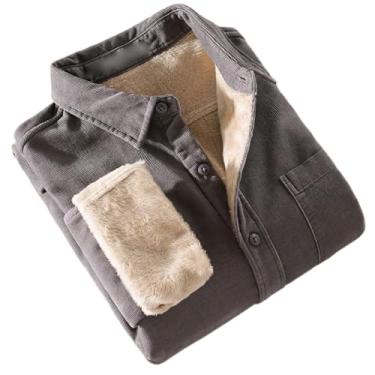 Imagem de Camisa de inverno masculina japonesa casual grossa algodão sólido veludo cotelê camisa cáqui com bolso mantém quente tops, Cinza escuro 9, GG