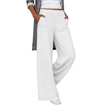 Imagem de Calça de moletom feminina larga de cintura alta folgada de verão linho algodão calça de praia calça gaúcha aconchegante, Branco, M