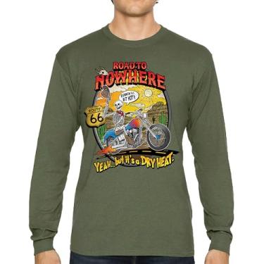 Imagem de Camiseta de manga comprida Road to Nowhere But its a Dry Heat Funny Skeleton Biker Ride Motorcycle Skull Route 66 Southwest, Verde militar, G
