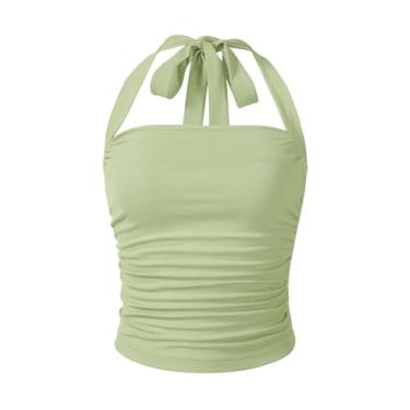 Imagem de SOLY HUX Blusa feminina franzida frente única Y2K cropped amarrada nas costas sem mangas slim fit, Verde menta simples, M
