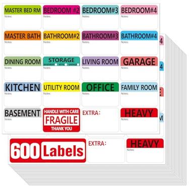 Imagem de 600 peças de etiquetas para mudança de casa, 20 designs de etiquetas de caixa de embalagem com codificação de cores, adesivos pré-impressos com áreas de notas escritas (cada um mede 5 x 7,6 cm)