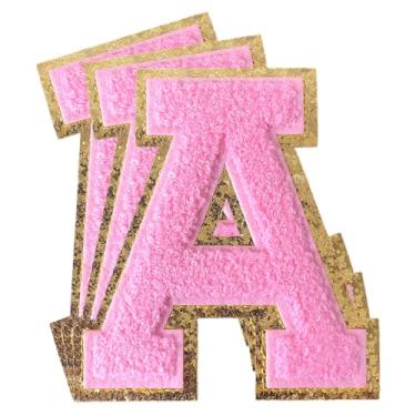 Imagem de 3 peças de adesivos de letras de chenille rosa glitter ferro em remendos de letras universitárias remendo bordado de chenille costurar em remendos para roupas chapéu bolsas jaquetas camisa (rosa, A)
