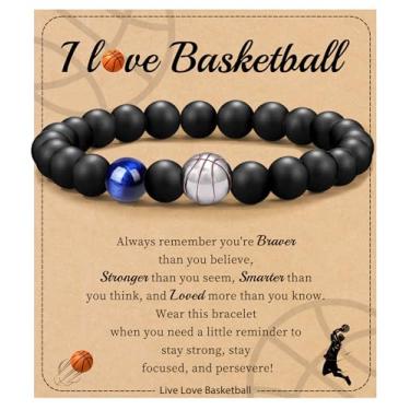 Imagem de Futebol Beisebol Basquete Presentes de Futebol Masculino Pulseiras com Contas Natural Olho de Tigre Pulseira Masculina Aniversário Presentes de Formatura para Filho Neto Bônus Filho Namorado Irmão,