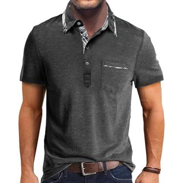 Imagem de Camisetas polo masculinas de lapela manga curta casual golfe esporte tênis, Cinza escuro, XXG