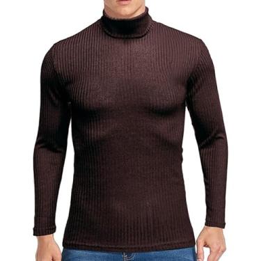 Imagem de Suéter masculino outono e inverno gola alta quente camisa masculina manga longa camiseta de malha, Café, Small