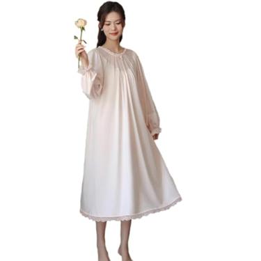 Imagem de Camisola feminina longa vintage de renda manga comprida primavera vestido de algodão macio, rosa, GG