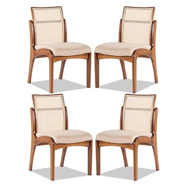 Imagem de Kit 4 Cadeiras para Mesa de Jantar Lisboa com Encosto Rattan Madeira Maciça Linho Bege M58 RMI
