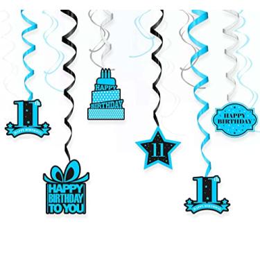 Imagem de Happy 11th Birthday Redemoinhos pendurados estrelas confetes cheers to 11 anos de idade Hello 11 decorações temáticas decoração de teto placa de decoração para meninos e meninas artigos de festa de 11º aniversário azul marinho e preto