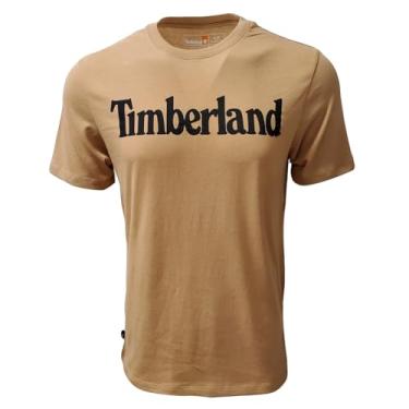 Imagem de Timberland Camiseta masculina de algodão orgânico com logotipo linear de manga curta, Trigo (logotipo preto), G